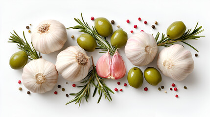 Artistic arrangement of garlic bulbs, green olives, rosemary sprigs, and peppercorns on a white backdrop.