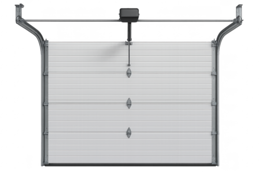 Automatic white garage door closing on transparent background