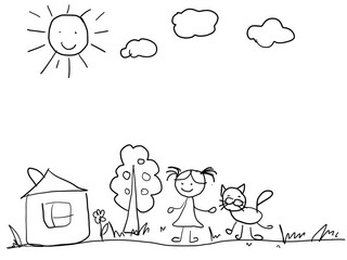 Girl with a cat near a house and a tree, on a transparent background. Children's black and white pencil drawing.