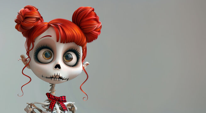 Creative illustration of a cute teacher skeleton girl with red hair and big eyes. Ideal for Halloween posters, Day of the Dead themes, fantasy art, character design, decoration, and cultural projects