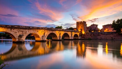 Obraz premium Ancient stone bridge at sunset, reflected in calm water, with a fortified tower and buildings in the background