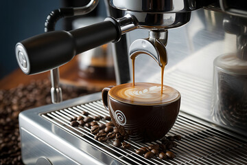 Savor the rich aroma and exquisite latte art as fresh espresso pours into a beautiful cup, creating a perfect coffee moment.