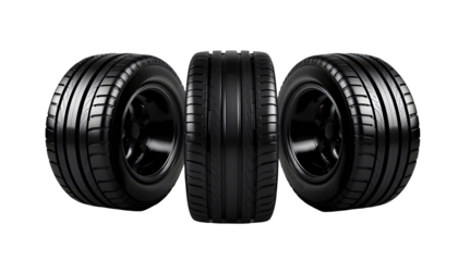 Three Black Car Tires Isolated on Transparent Background