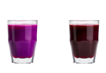 Two glasses of vibrant, refreshing fruit juice on a transparent backdrop