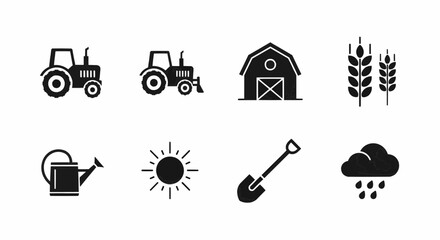 Black solid agriculture icons set with tractor, barn, shovel, and sun for farming, cultivation, and rural lifestyle themes.