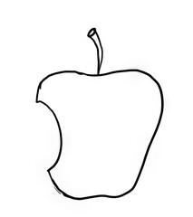 Apple, bitten, drawn with pencil, on transparent background. Drawing.