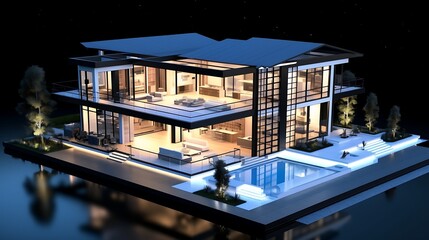 The precision of architectural planning is highlighted by a detailed 3D house model placed accurately on its corresponding blueprint.