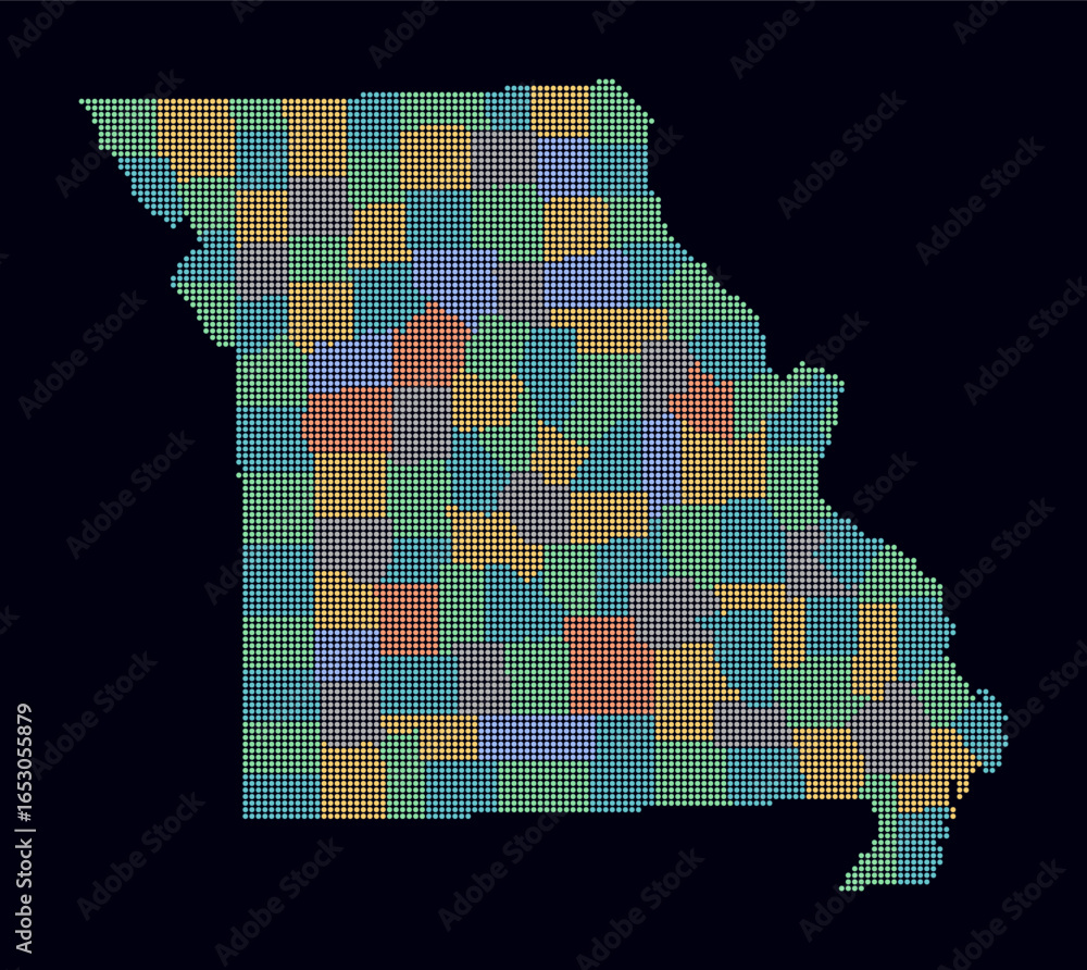 Poster missouri dotted map. digital style map of the state on dark background. missouri shape with circle d