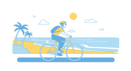 Cyclist riding along a serene beach road, enjoying the coastal scenery. Suitable for travel brochures, fitness campaigns, or promoting outdoor activities