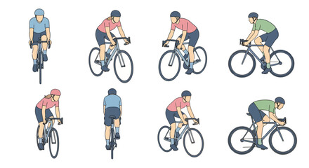 Cyclists in Various Poses and Angles for Illustrative Purposes in Sports Guides and Cycling Safety Manuals, Demonstrating Proper Form and Technique