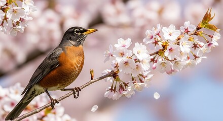 American robin perched on a blossoming cherry tree branch, springtime scene.