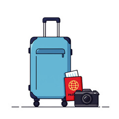 Illustration of a light blue suitcase with a passport and a camera, ready for travel.