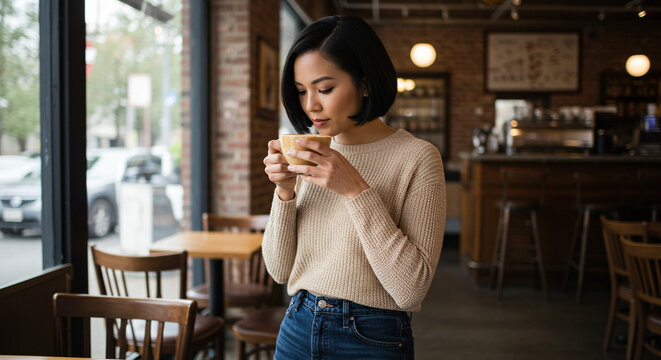 Coffee enthusiast influencer enjoying latte art at a small coffee shop