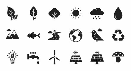 Vector eco and nature icons including tree, globe, bird, wind, rain, and renewable energy for environment