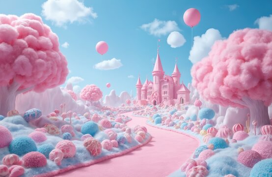 Whimsical pastel candy land fantasy landscape featuring pink castle. Sweet hills, lollipop road, fluffy cotton candy trees with candy mushrooms create magical scene. Pink balloons float in blue sky