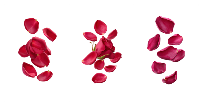 Collection of red rose petals isolated on a transparent background, perfect for romantic themes or Valentine's Day, evokes elegance and beauty