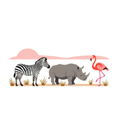 Illustration of a zebra, rhinoceros, and flamingo standing in a savanna-like environment.
