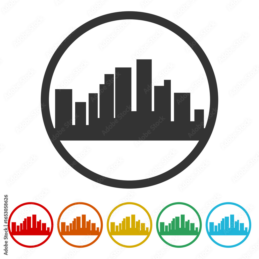 Poster skyline icon sign. set icons in color circle buttons
