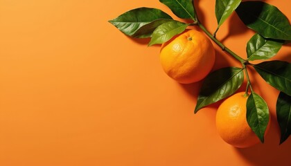 Ripe oranges with vibrant green leaves on a rich orange background. This illustration captures the freshness and natural goodness of citrus fruit, perfect for healthy eating and organic food themes.