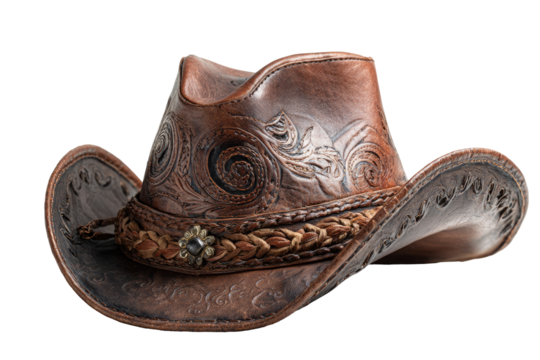 Brown leather cowboy hat, intricate design