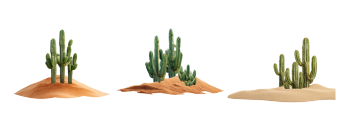 Set of cacti isolated on a transparent background, showcasing desert plants in various shapes and sizes, ideal for arid landscape themes and botanical studies