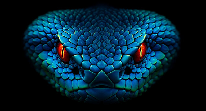Extreme close-up of a blue viper snake head with glowing red eyes and detailed scales on a black background
