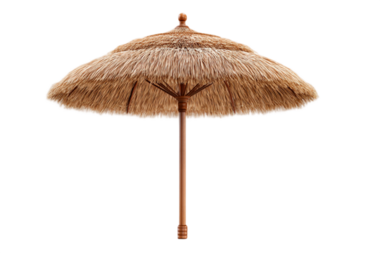 Tropical thatched umbrella isolated on a transparent background, evokes a beachside vibe, perfect for summer or vacation themes, adds a rustic touch to outdoor settings