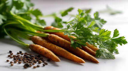 Fresh carrots with green tops and small seeds, presenting a vibrant, natural, and wholesome food display.
