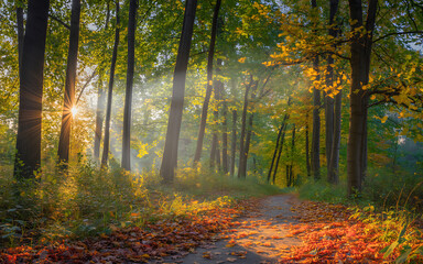 Fototapeta premium Sunlight shining through trees in an autumn forest scene