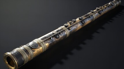 Naklejka premium A close up shot of an antique flute with silver and gold accents on a dark background in a studio setting