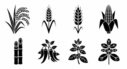 Solid black vector icons of wheat, rice, and crops symbolizing agriculture, farming, harvest, and food sustainability