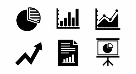 Solid black business icons of bar chart, upward arrow, and report document symbolizing analytics, growth, and corporate success