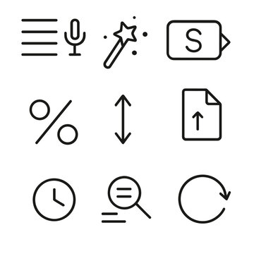 Voice Transcriber Icons. Line style icons of Voice to Text Transcriber: live transcript bars, punctuation magic wand, speaker