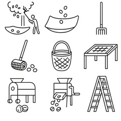 Fototapeta premium Nut Harvest Tool Icons. Outline style icon of Nut Harvest Tools: shaking pole, catching tarp, nut rake, nut roller, gathering