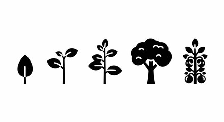 Solid black vector icons of seedlings and tree growth representing agriculture, nature, gardening, and ecological sustainability