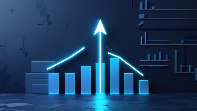 Futuristic glowing data visualization graph with neon light bars and line chart on dark background - Powered by Adobe
