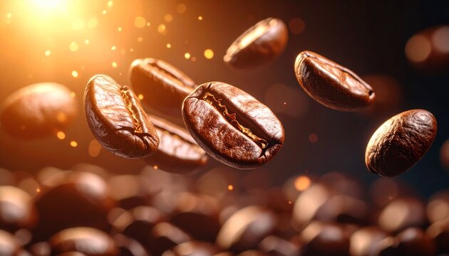 Primer plano de granos de caf&eacute; levitando, sobre fondo oscuro	

