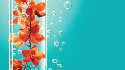 Fototapeta na wymiar Vibrant orange orchids submerged in clear water, surrounded by bubbles against a bright blue background