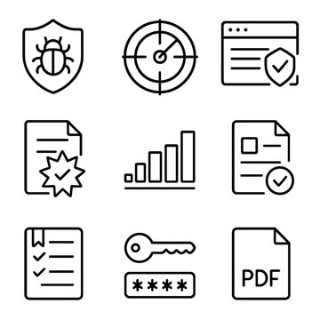Network Security Icons. Outline style icon of Network Security Assessment Suite: vulnerability scanner, port scan radar, CVE