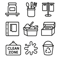 Dye Studio Icons. Outline style icon of Dye Studio Organization: labeled shelf jar, utensil caddy, drying rack pole, swatch binder