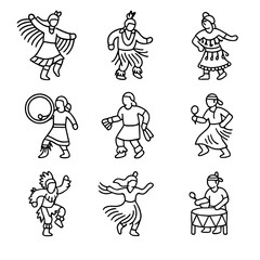 Fototapeta premium Traditional Dance Icons. Outline style icon of Traditional Dance Styles: fancy shawl spin, grass dance sway, jingle dress step,