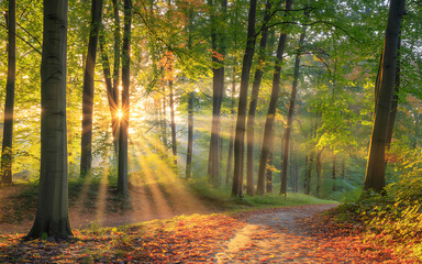 Obraz premium Sunlight streams through trees in an autumnal forest scene