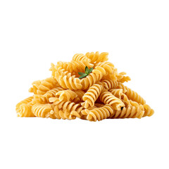 A pile of uncooked fusilli pasta isolated on a transparent background, showcasing its spiral shape and golden hue, perfect for Italian cuisine themes
