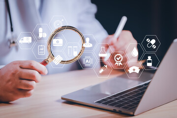 Healthcare professional using innovative digital interface for telemedicine, online diagnosis, medical data, and future healthcare technology solutions.