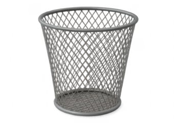 Empty metal mesh trash can on transparent background