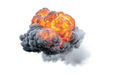 Fiery explosion isolated on a transparent background, dramatic burst of flames and smoke, intense energy and motion captured in vivid detail