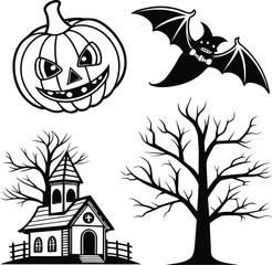 Vector art of a spooky halloween scene featuring a pumpkin bat tree and church in black and white perfect for a halloween themed design