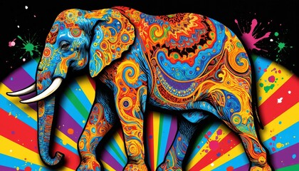 Fototapeta premium Vibrant blue elephant illustration with colorful patterns. Stripes, dots, swirls on elephant body. Trunk, tusks also blue. Black, white background highlights elephant colors. Central positioning