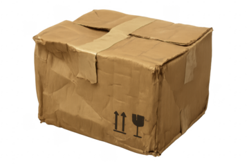 Used damaged cardboard box with packaging symbols and transparent background