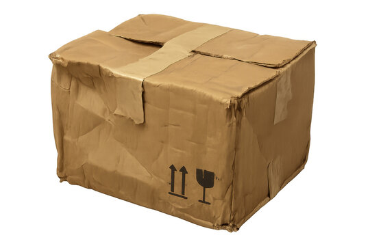 Used damaged cardboard box with packaging symbols and transparent background